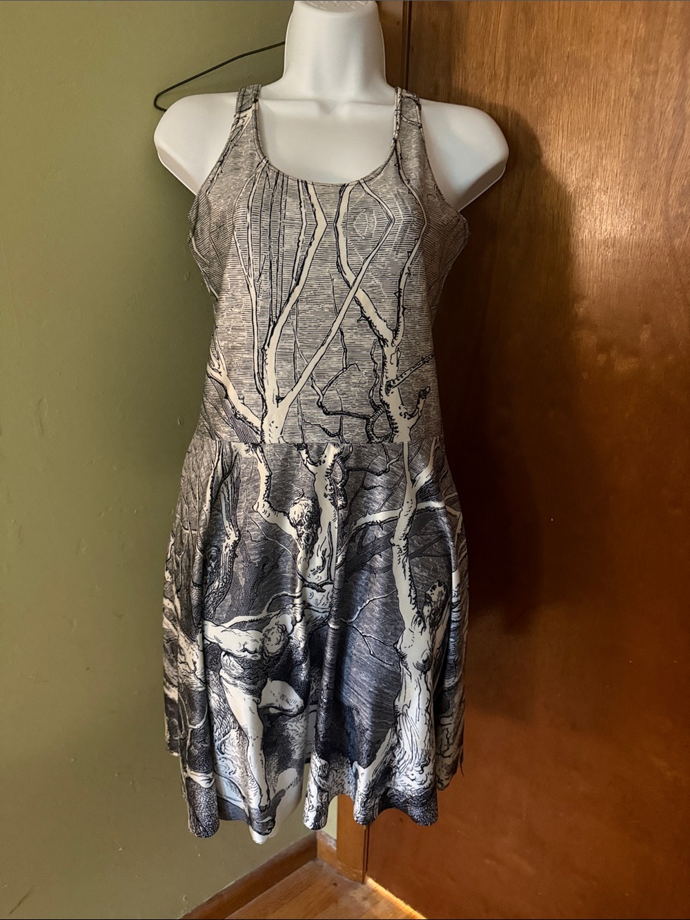 Sleeveless Black & White Tree-Print A-Line Dress
